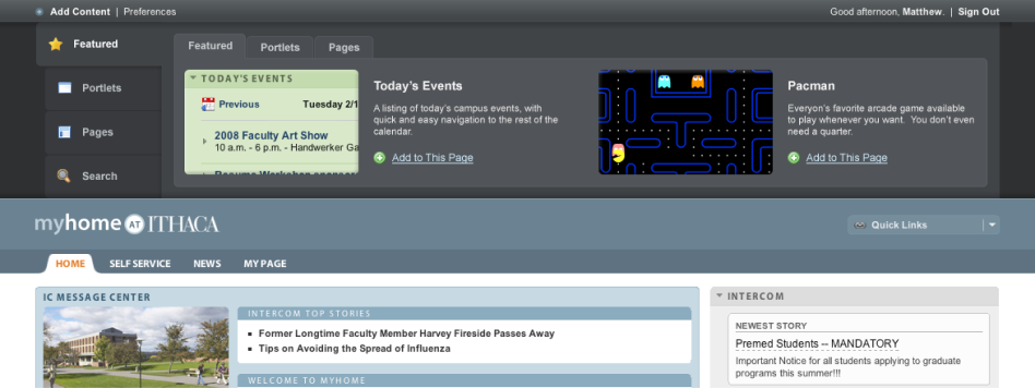 A screenshot of the 'Add Content' interface that allowed users to add portlets and pages to their dashboard